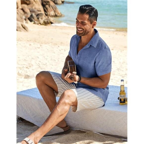 Mens Button Down Short Sleeve Shirt Casual Beach Shirt Summer Vacation - Picture 4 of 6